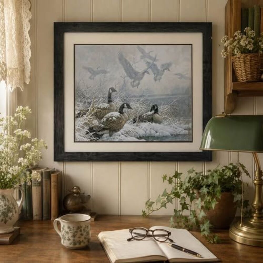 Framed Canada Geese Winter Scene Print 33 1/2”x28 1/2”